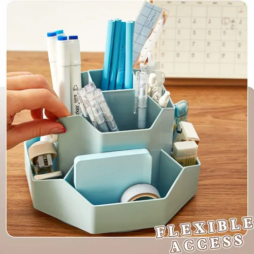 Miniatura 5 de Organizador de almacenamiento giratorio de suministros de arte, soporte para lápices con 9 compartimentos, organizador de almacenamiento de Azul