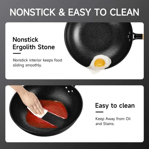 Miniatura 5 de Wok antiadherente con cesta para cocinar al vapor, sartenes para freír de 12 pulgadas con tapa, sartenes de fondo plano multifuncionales Utensilios