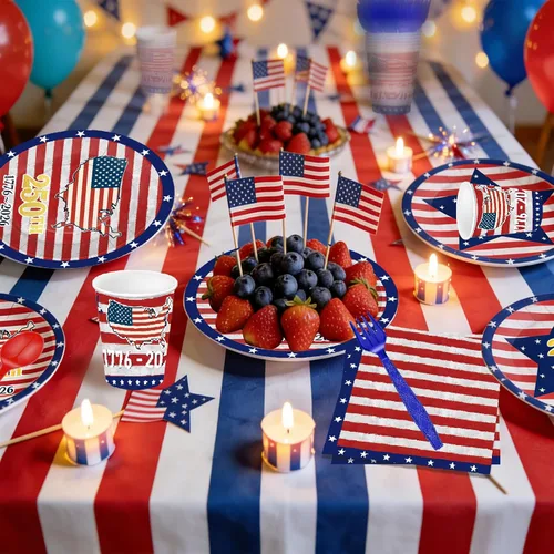 Miniatura 6 de 168 piezas de suministros para fiesta del Día de la Independencia del 4 de julio, platos y servilletas, tazas, cuchillo y tenedor para 250