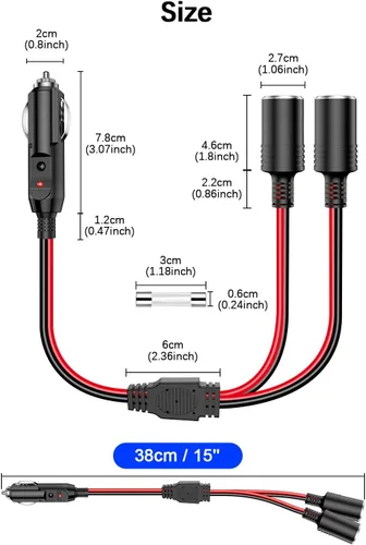 Miniatura 2 de Adaptador divisor de encendedor de cigarrillos para automóvil, 2 enchufes, cable de extensión de salida múltiple de 12 V-24 V, doble enchufe hembra