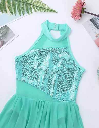 Miniatura 41 de YiZYiF Vestido de baile de lentejuelas para niños y niñas, leotardo de ballet, cuello alto, vestido lírico, traje de rendimiento irregular