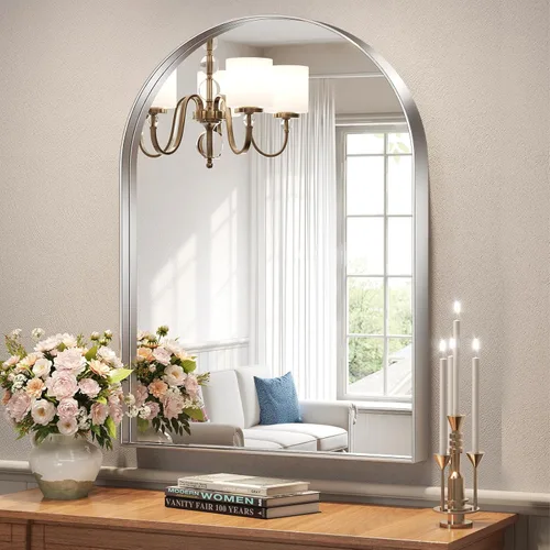 Miniatura 34 de Brightify - Espejo arqueado dorado de 24 x 32 pulgadas, espejo de pared con marco de metal de latón para baño, espejo arqueado superior para tocador