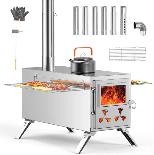 Miniatura 9 de Estufa de Sauna de Leña Mejorada para Tienda Caliente, Estufa de Leña para Tienda 2 en 1 con Tubo de Chimenea para Calentamiento al Aire Libre