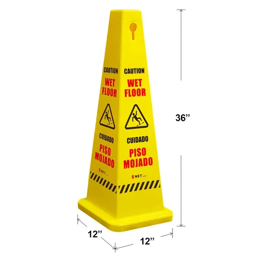 Miniatura 2 de Paquete de 3 conos húmedos de 36 pulgadas, color amarillo brillante de 36 pulgadas, letrero de precaución bilingüe de 4 lados, impresión de suelo
