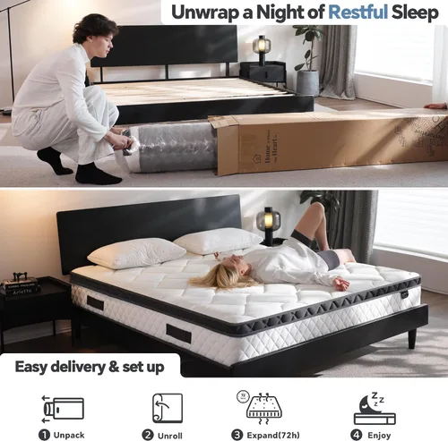 Miniatura 5 de Colchón de cama individual en una caja, colchón híbrido individual de 10 pulgadas con resortes individuales y espuma viscoelástica, suave