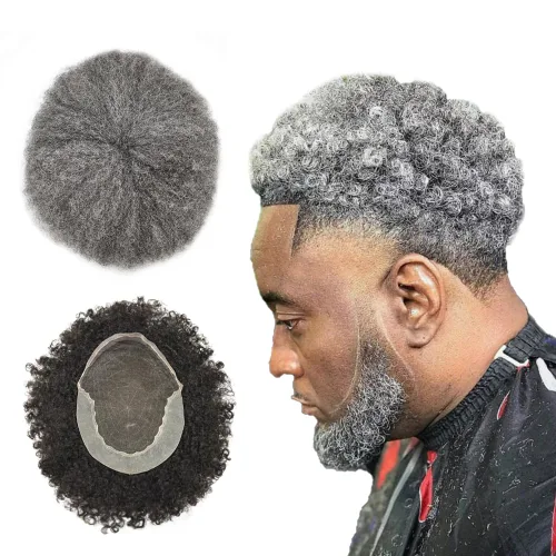 Miniatura 9 de Afro Toupee para hombres negros encaje tupé rizado rizado sistema de reemplazo indetectable Afro unidades de cabello para hombre negro 8X10 Off OFF
