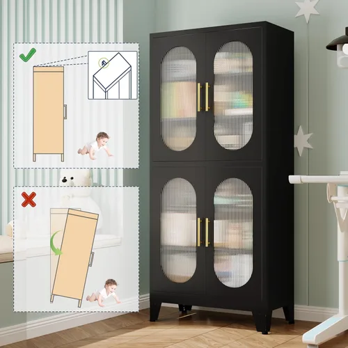 Miniatura 5 de GAIOUS Vitrina de metal negro con puertas acrílicas, armarios de despensa de cocina con 4 estantes ajustables y pies, almacenamiento alto y versátil