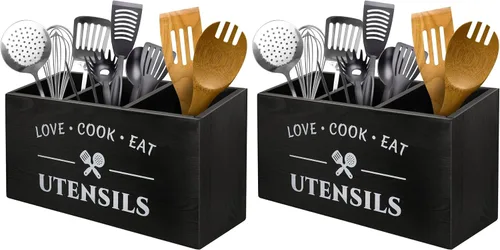 Miniatura 8 de MINCORD Soporte para utensilios de cocina con 3 compartimentos, caja organizadora de almacenamiento de madera rústica, caja organizadora