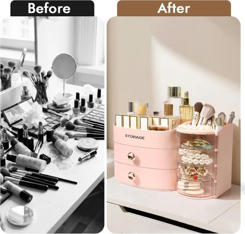Miniatura 5 de XIAPIA Organizador de maquillaje para encimera, organizador de maquillaje para tocador, cuidado de la piel y organizadores de cosméticos con Rosa