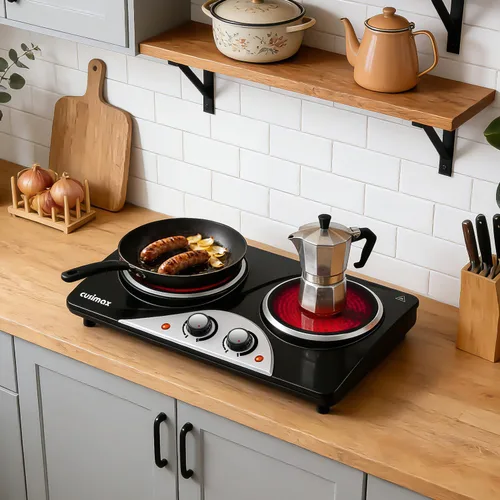 Miniatura 2 de Placa caliente, estufa eléctrica CUSIMAX de 1800 W, doble quemador, placa de cocina infrarroja de cerámica portátil, quemadores de control dual
