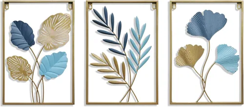 MKUN Esculturas de pared de hierro – Juego grande de 3 piezas rectangulares de metal para decoración de pared con arte de ginkgo biloba, ideal para