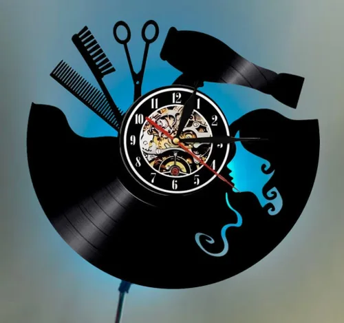 Reloj de pared vintage para peluquería de 12 pulgadas, diseño de disco de vinilo con tijeras de peluquería y recortes de peine, movimiento de cuarzo