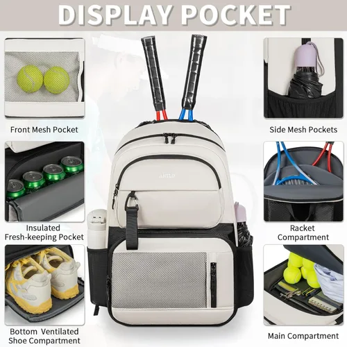 Miniatura 3 de ANILD Bolsa de tenis multideportiva para 2 raquetas con compartimento ventilado para zapatos para hombres y mujeres, Beige, Grande, Bolsa de tenis
