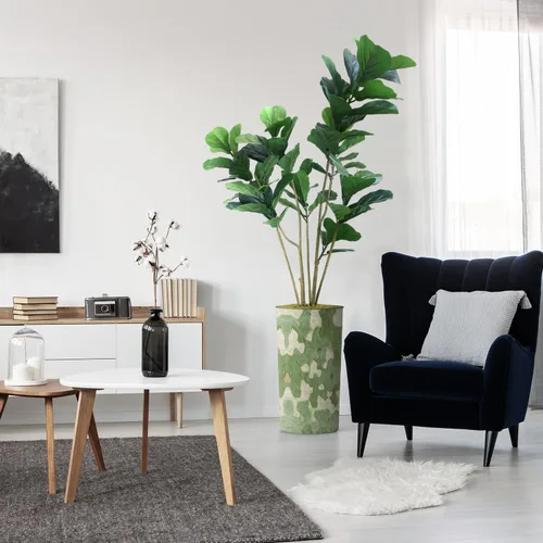 Miniatura 29 de Árbol artificial en macetero contemporáneo con patrón de margaritas, árbol de seda falso Ficus Lyrata para decoración del hogar en interiores