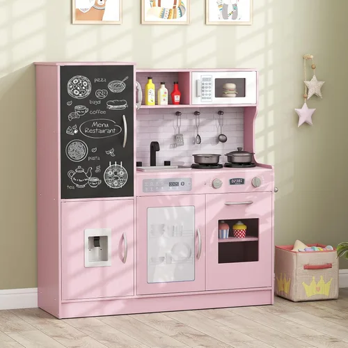 Costzon Juego de cocina para niños, gran juego de juguetes de cocina de chef de madera con sonidos y luces reales, microondas, pizarra, horno, Rosa