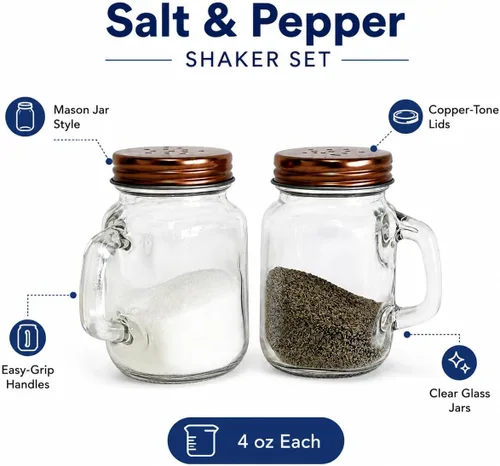 Miniatura 3 de Mason Jar - Juego de saleros y pimenteros de 4 onzas con asas, tapas de tono cobre, estilo rústico, estilo granja, cocina, comedor