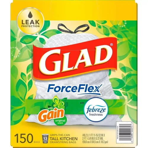GLAD ForceFlex - Bolsas de basura blancas altas con cordón para cocina, obtienen un aroma original con frescura Febreze (13 galones, 150 unidades)