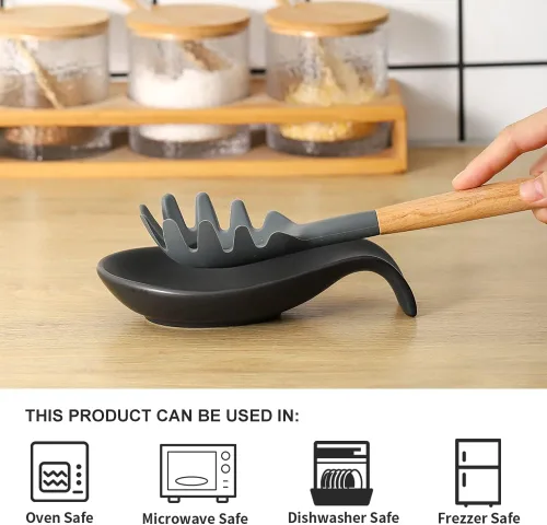 Miniatura 4 de Nihow Soporte de cuchara de cerámica: 4 pulgadas de soporte estable para utensilios - Soporte de cuchara resistente al calor para encimera de negro