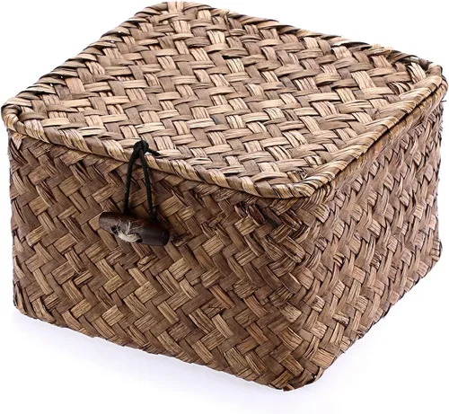 Miniatura 12 de Hipiwe Cestas de Mimbre para Estantes Contenedores con Tapa Cesta de Almacenamiento de Hierba Marina Tejida a Mano Organizador Multiusos Doméstico
