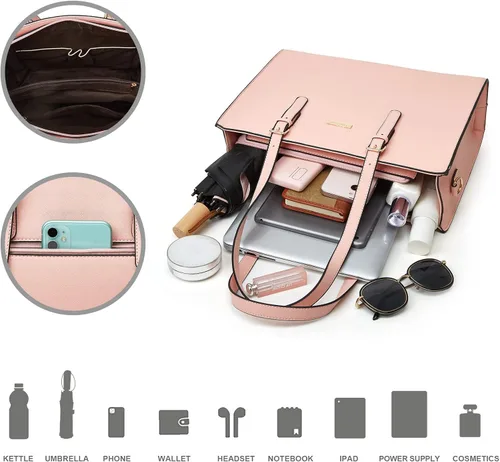 Miniatura 30 de Juego de 4 bolsas modernos para mujer de cuero sintético: bolso tote, bolso de hombro, bolso de mano y cartera.