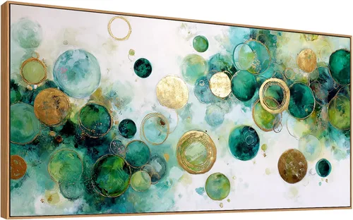 Miniatura 12 de JLXART Lienzo abstracto enmarcado, arte para la pared, moderno círculo verde dorado y negro, pintura colorida, obra de arte texturizada, lista
