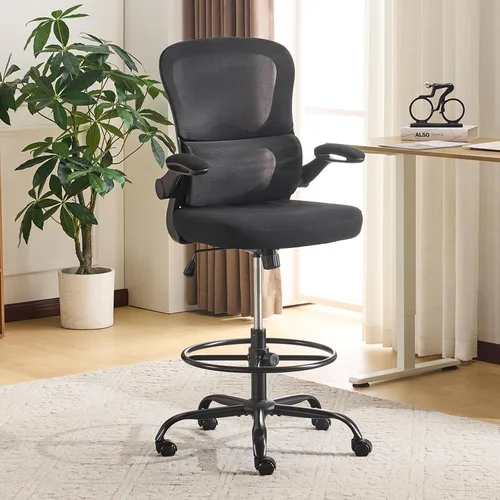 Miniatura 7 de Karlhome - Silla ergonómica de dibujo con soporte lumbar y reposabrazos abatibles, silla de oficina giratoria alta con anillo reposapiés de altura