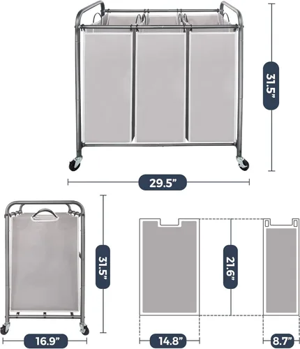Miniatura 6 de STO STO Clasificador de ropa sucia de 3 secciones, cesta de ropa con 3 bolsas, cesta de lavandería con ruedas resistentes y bolsa extraíble para Gris