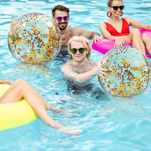 Miniatura 5 de Civaner 6 Piezas Pelotas de Playa Inflables con Purpurina de 24 Pulgadas, Pelotas Grandes de Piscina con Confeti Brillante para Decoraciones de Oro