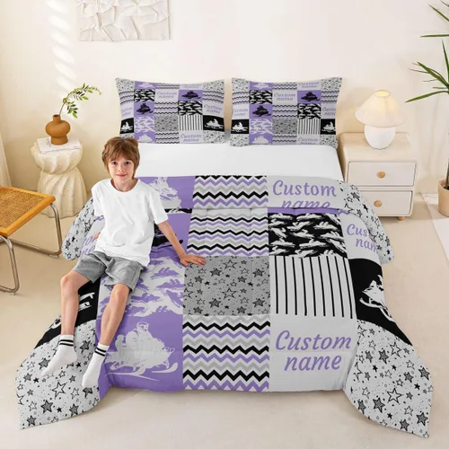 Miniatura 40 de Juego de edredón de softbol personalizado, juego de ropa de cama de retazos a cuadros para niños y niños, edredón de bate de béisbol, juego