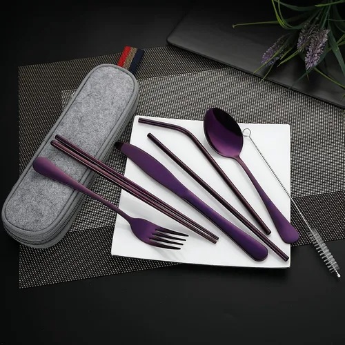 Miniatura 6 de DEVICO Utensilios portátiles, juego de cubiertos de viaje y campamento, 8 piezas, incluyendo cuchillo, tenedor, cuchara, palillos, cepillo de Púrpura