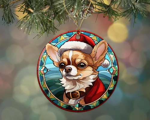 Chihuahua - Adorno de cerámica de vitrales de Navidad, adorno colgante para árbol de Navidad, adorno de vitral de perro, adorno religioso para