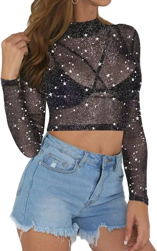 Miniatura 4 de MANGOPOP Women's Short Sleeve Long Sleeve Sheer Mesh Crop Tops Tee Shirt Blouse