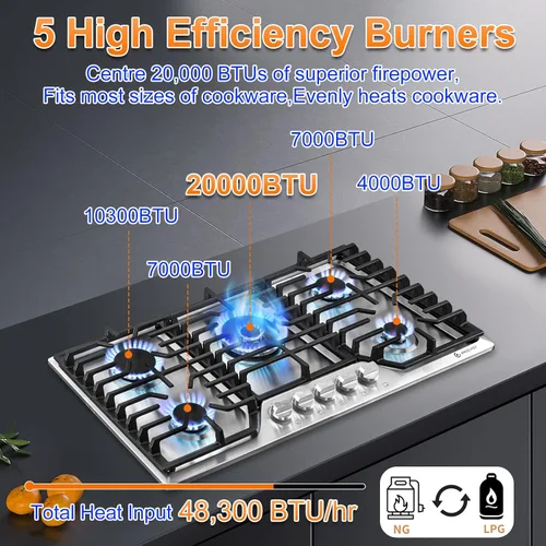 Miniatura 2 de AMZCHEF Placa de cocina de gas de 30 pulgadas con 5 quemadores SABAF fabricados en Italia. Máx. 48300 BTU/hr Estufa de gas incorporada de acero
