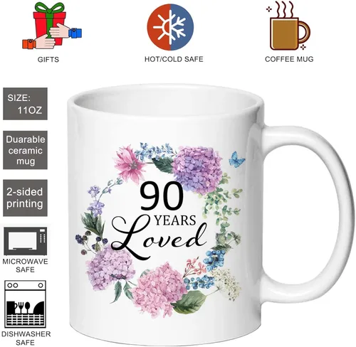 Miniatura 3 de Taza de café 90 Years Loved – Ideas de regalo de cumpleaños 90 para mujeres, taza de 11 onzas, regalo para mujeres de 90 años, mamá, abuela, esposa