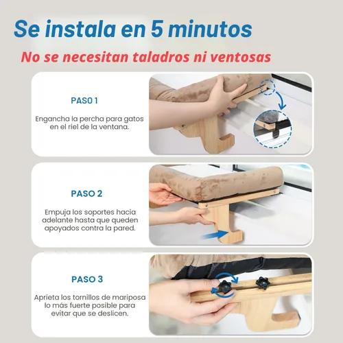 Miniatura 5 de Zakkart Percha para gato para alféizar de ventana con refuerzo, diseño ortopédico de hamaca con madera dura de primera calidad y marco de metal
