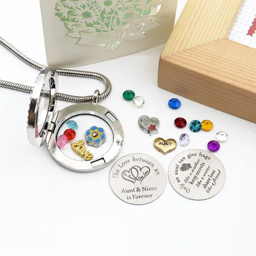 Miniatura 6 de El mejor regalo para sobrina tía, colgante de medallón de memoria flotante con dije y piedra natal para mujeres, niñas y adolescentes
