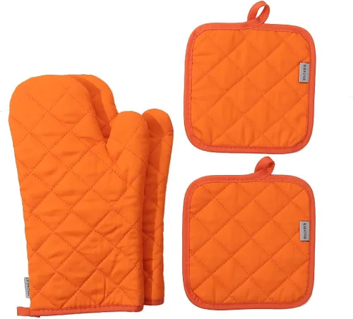 Miniatura 16 de Juego de 4 guantes para horno y soportes para ollas, resistentes al calor, 500 grados, extra gruesos, largos, de algodón, para cocina