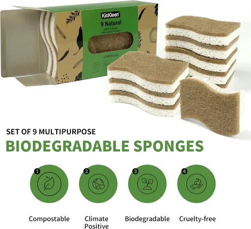 Miniatura 2 de Paquete de 9 esponjas de cocina naturales biodegradables – Esponja compostable de celulosa y nuez de coco – Esponjas ecológicas sostenibles