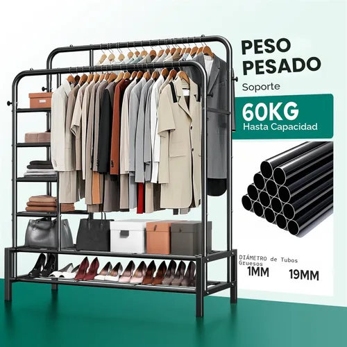 Miniatura 2 de Perchero de ropa de doble barra con 2 estantes inferiores y 4 estantes laterales, perchero de metal para colgar ropa, perchero resistente para Negro