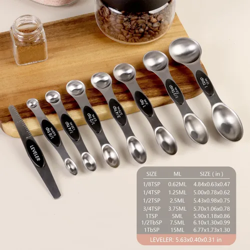 Miniatura 3 de ChefAide Paquete de 8 Cucharas Medidoras Magnéticas de Acero Inoxidable, de Doble Cara, Apilables, Cucharadita y Cucharada Medidoras Ajustables