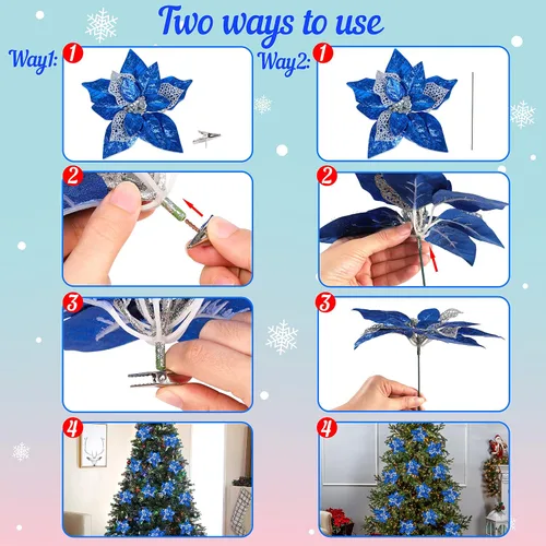 Miniatura 4 de 15 adornos de flores artificiales para árbol de Navidad, flores de Pascua artificiales, tamaño grande, 8.7 pulgadas, flor de purpurina de Navidad