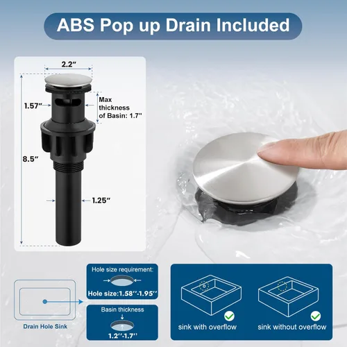 Miniatura 7 de Grifo de lavabo de baño de 3 agujeros, 8 pulgadas, grifo de baño de 2 manijas de acero inoxidable SUS304 con drenaje emergente y líneas de Níquel