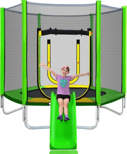 Miniatura 3 de Merax - Trampolín para niños de 7 pies con red de seguridad, tobogán y escalera, fácil de montar, redondo, para recreación al aire libre Verde