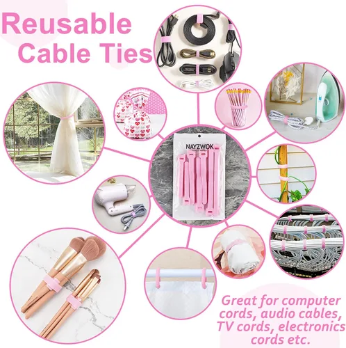 Miniatura 3 de 70 bridas de cables reutilizables color rosa, para organizar cables, reutilizables, para electrónica, de gancho y bucle para computadora, de 4, 6, 8