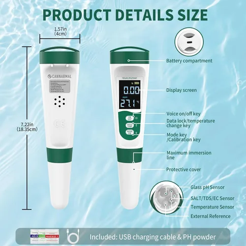 Miniatura 2 de Medidor de pH digital 5 en 1, con función de voz, PH/TDS/EC/Temp/Salt Pool Salt Tester, medidor de pluma impermeable y recargable para piscinas