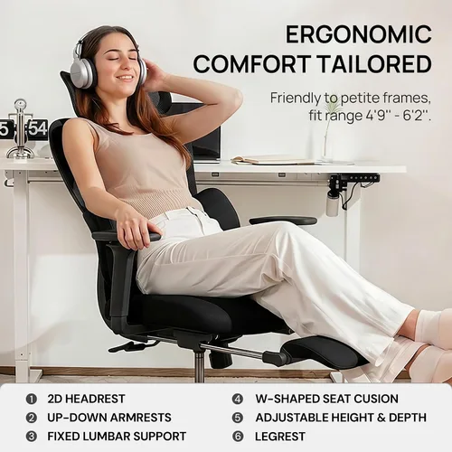 Miniatura 3 de CabLady S1 Petite Silla ergonómica de escritorio para el hogar con reposapiés y reposacabezas, soporte lumbar fijo de respaldo alto con almohada