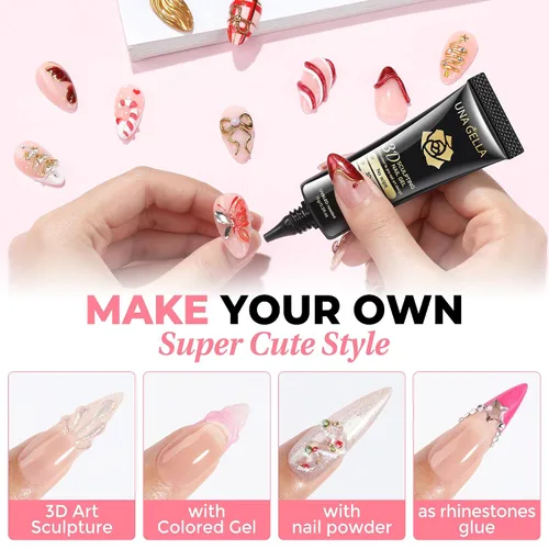 Miniatura 4 de UNA GELLA Arte de uñas en gel 3D, 2 piezas de 15 g de gel de esculpido transparente sin necesidad de limpieza para puntas de uñas, dibujo, moldeado