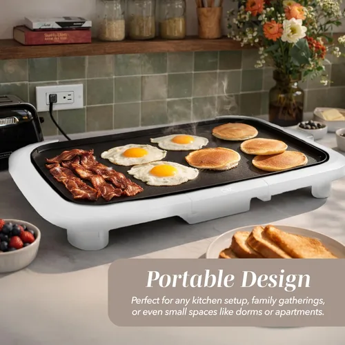Miniatura 3 de COOK WITH COLOR Plancha eléctrica de 1200 W, superficie antiadherente para panqueques, hamburguesas, huevos y más, control de temperatura extraíble