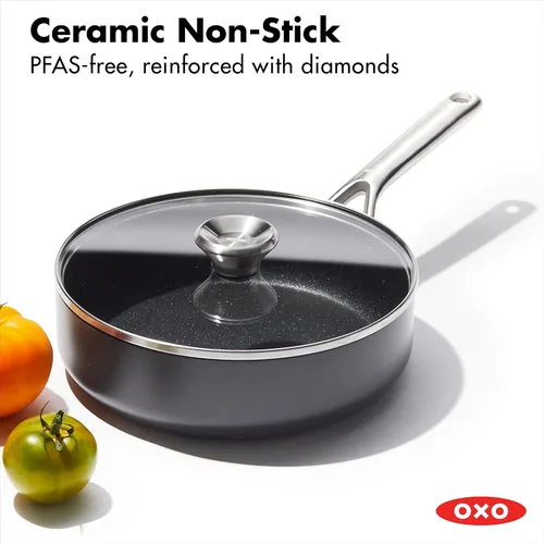Miniatura 2 de OXO Olla profesional de 3 cuartos de galón con tapa, utensilios de cocina antiadherentes de cerámica anodizada dura, sin PFAS, acero inoxidable