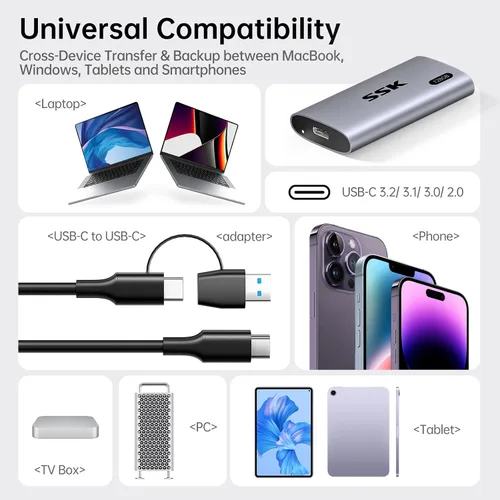 Miniatura 6 de SSK Disco duro externo SSD de 128 GB, SSD portátil de hasta 550 MB/s, unidades de estado sólido rápidas, unidad externa USB 3.2 Gen2 para iPhone